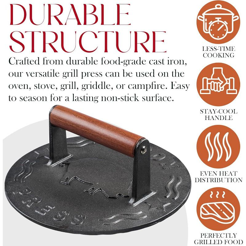 Bellemain 8.5-Inch Cast Iron Bacon Press – Heavy-Duty Grill Press for Perfect Bacon, Steak & More