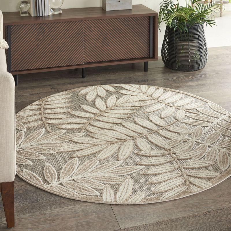 Nourison Aloha Floral Leaf Flatweave High-Low Indoor Outdoor Round Rug Natural 5'3" x 5'3"