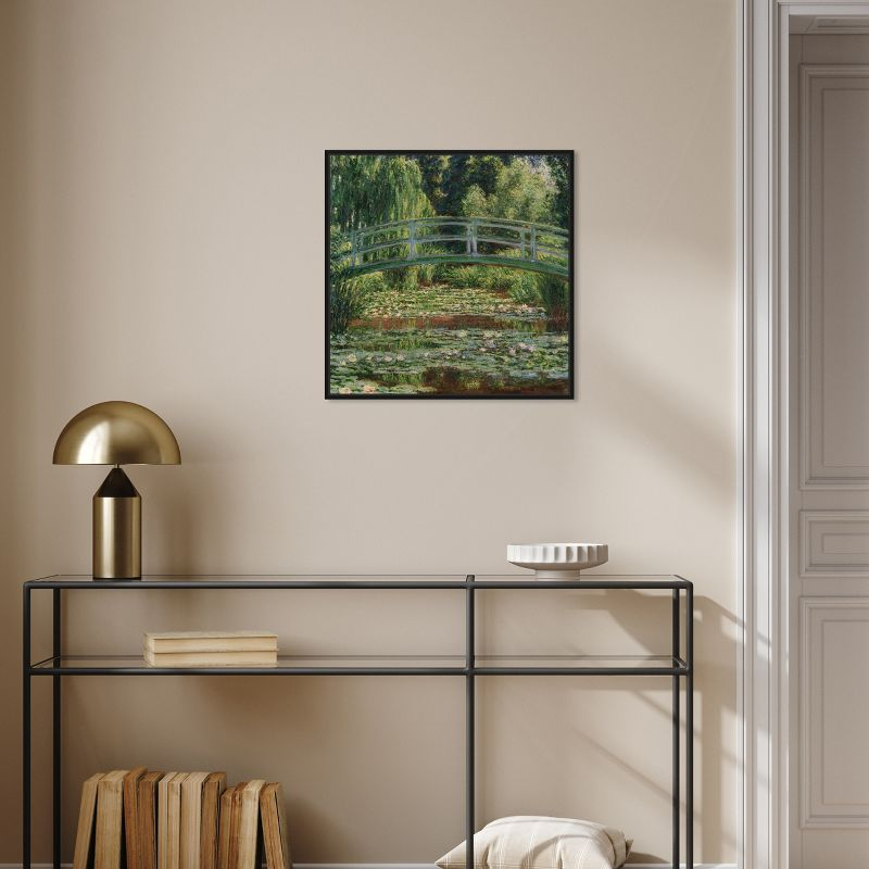 Monet - The Japanese Footbridge and the Water Lily Pool Giverny Canvas Impressionism Wall Art by Art Remedy, Black Frame, 20" x 20"