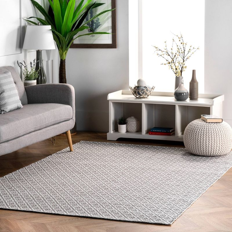 nuLOOM 5'x8' Cotton Hand Loomed Diamonds Cotton Trellis Area Rug Gray: Modern Low Pile Handmade Rectangle Rug