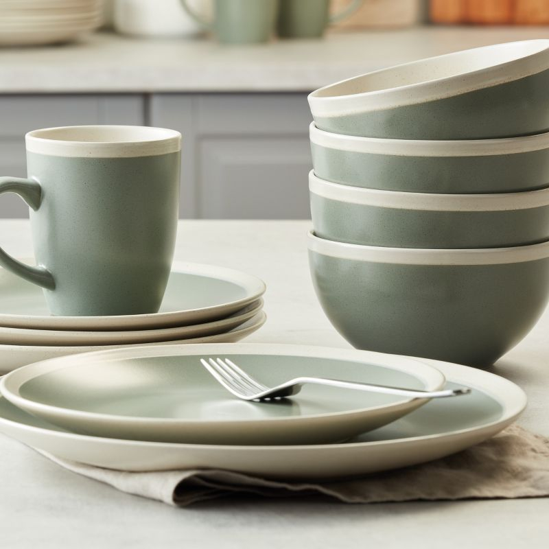 Stone Lain Serenity 16-Piece Stoneware Dinnerware Set, Service for 4, Green and Cream