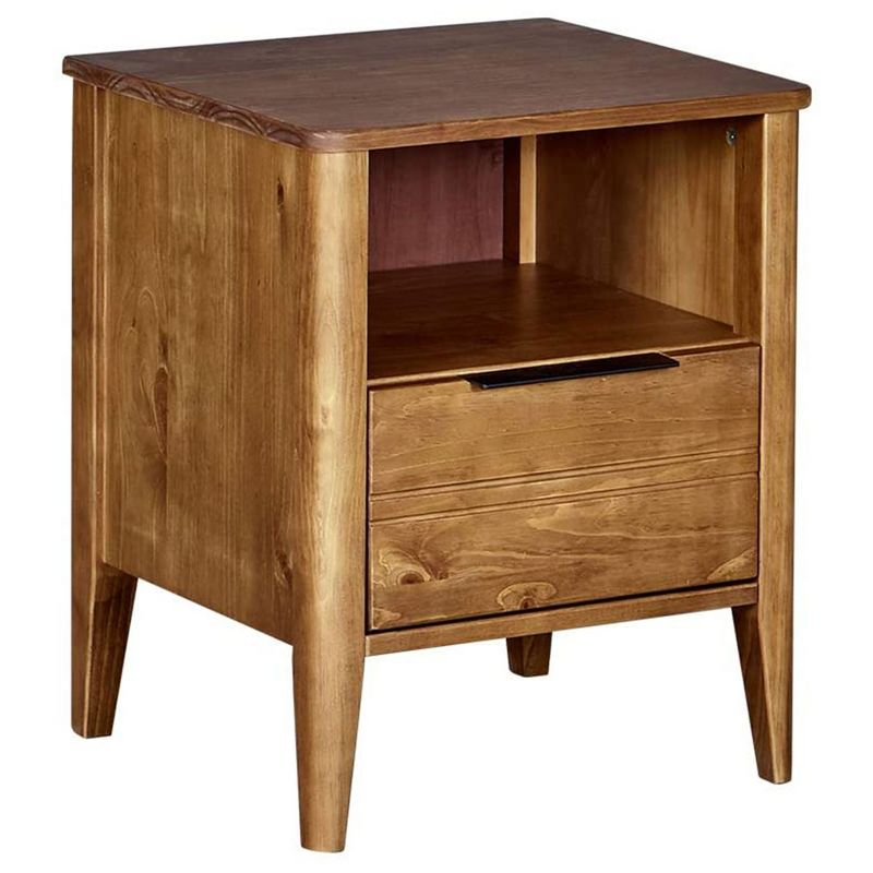 MUSEHOMEINC California Classic 1 Drawer Wooden Bedroom Nightstand Living Room End Table with Open Cabinet and Tapered Legs, Honey Brown