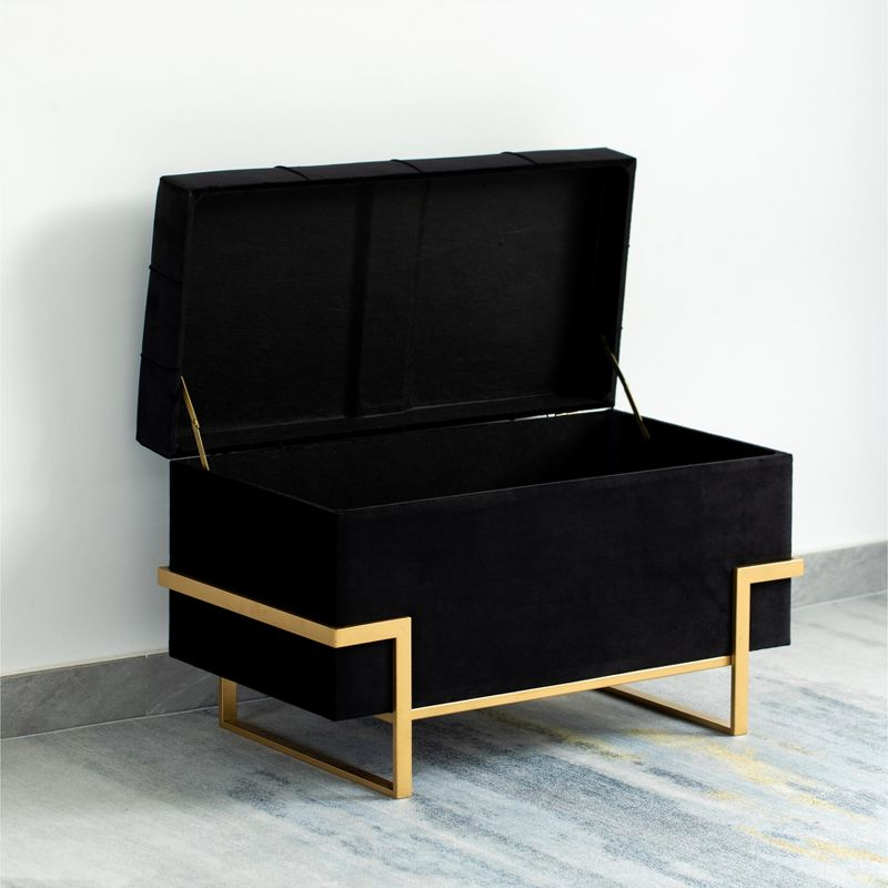 Fabulaxe Rectangle Velvet Storage Ottoman with Abstract Golden Legs | Sitting Bench for Living Room Home Decor with Unique Base Support (Black Large)
