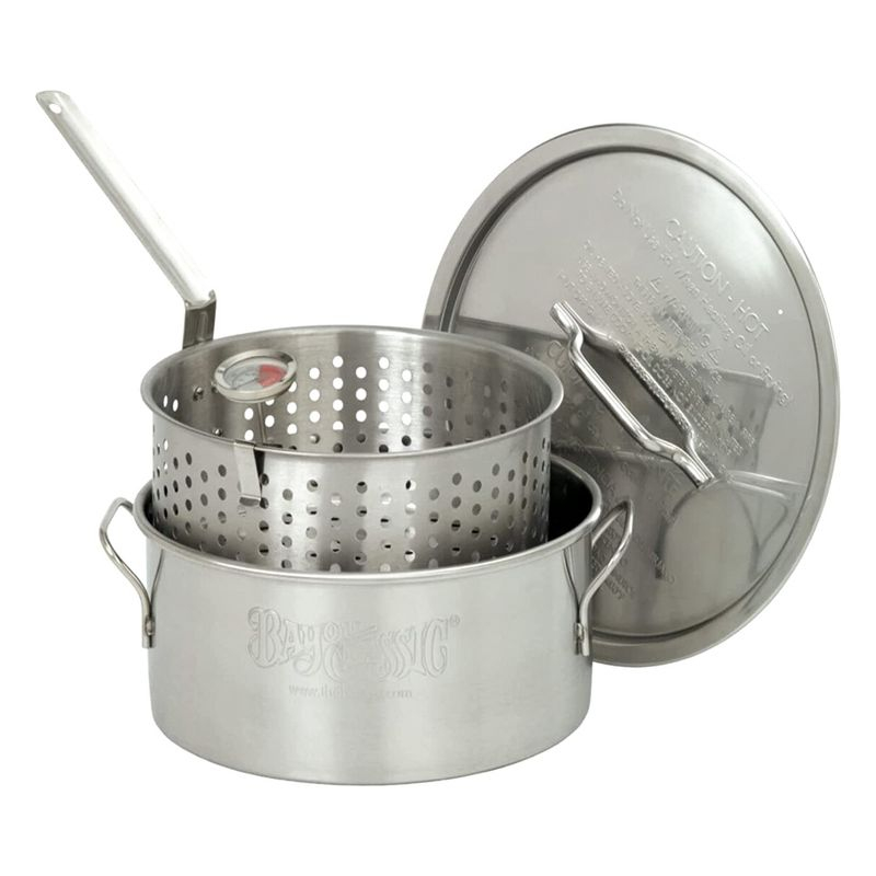 Bayou Classic 10-Quart Stainless Steel Lidded Kitchen Deep Frying Pot with Handles, Fry Perforated Basket, and Thermometer, Silver