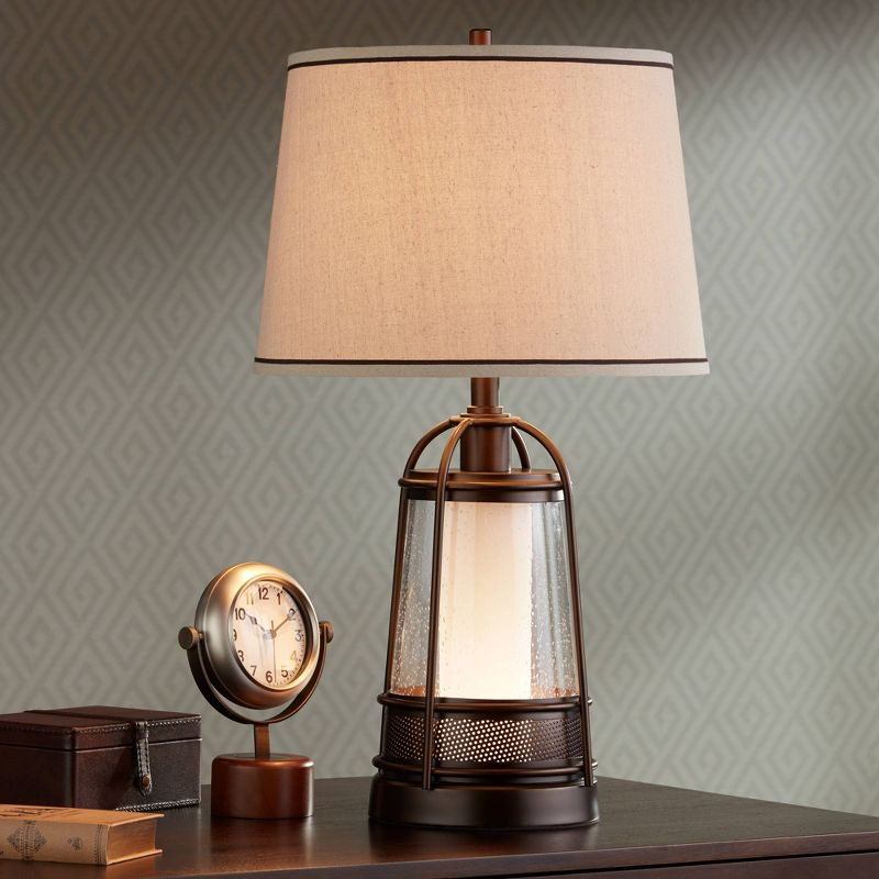 Franklin Iron Works Hugh Industrial Rustic Table Lamp 26" High Bronze Metal Seeded Glass with LED Nightlight Off White Shade for Bedroom Living Room