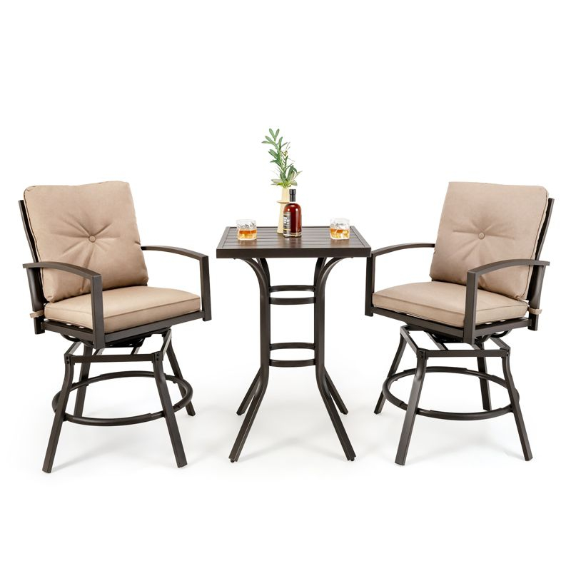 Tangkula Set of 3 Swivel Bar Height Bistro Set Cushioned Table Stools Furniture Patio Outdoor