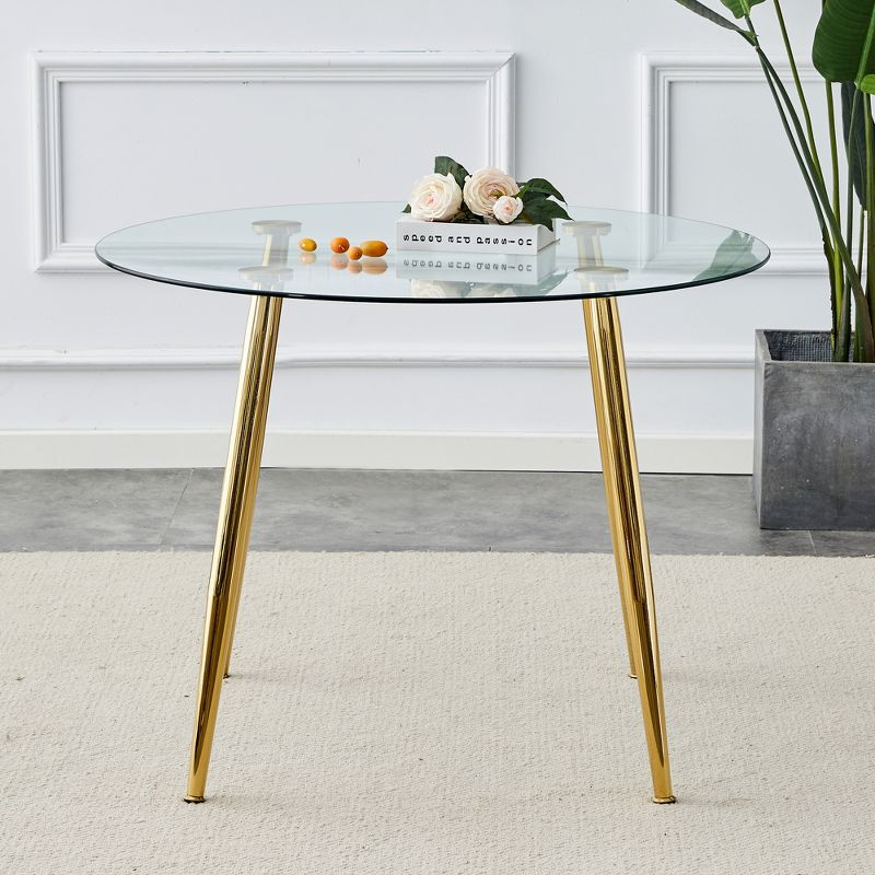 Round Glass Dining Table, 40 Inch Modern Minimalist Dining Table With Gold Plated Metal Legs, Non-Slip Rubber Pads, Golden