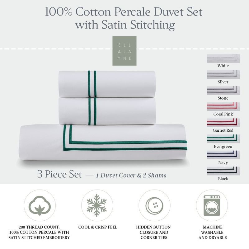 Ella Jayne 100% Cotton Percale 3 Piece Duvet Set, Twin/TwinXL, White with Dark Green Satin Stitching