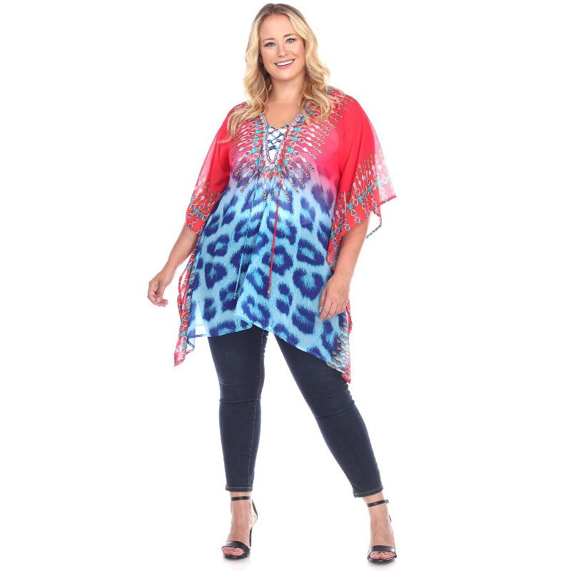 Women's Plus Size Animal Print Caftan with Tie-up Neckline Pink Leopard One Size Fits Most Plus - White Mark