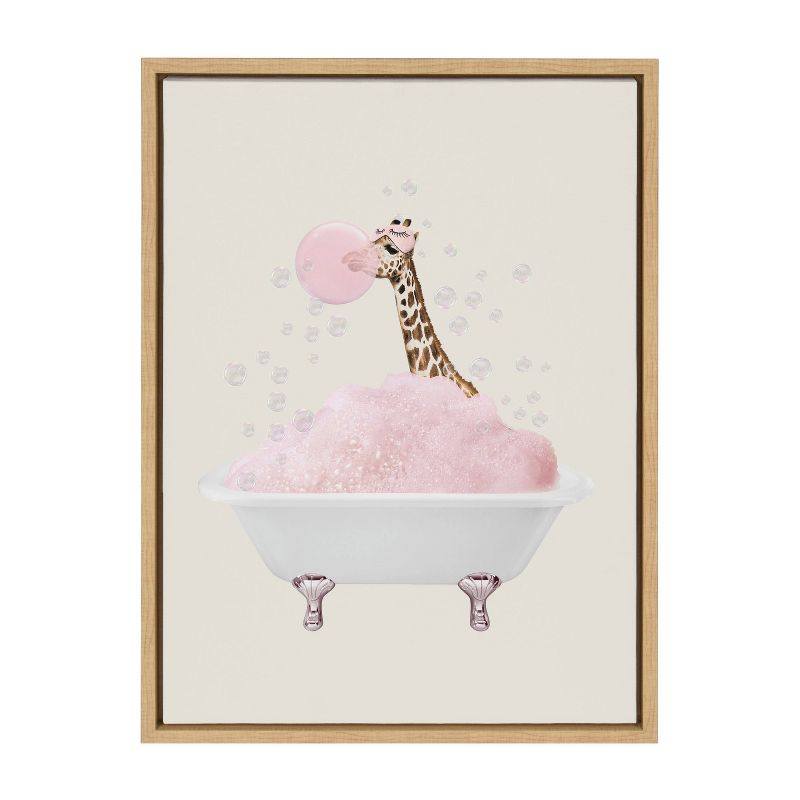 Kate & Laurel All Things Decor 18"x24" Sylvie Giraffe Bath Framed Canvas: Modern Home Nursery Decor, Wall-Mounted Art