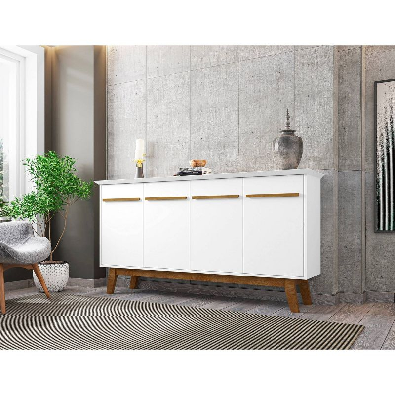 62.99" Yonkers Sideboard White - Manhattan Comfort: Mid-Century Buffet, Storage Console with 4 Doors & Fixed Shelves