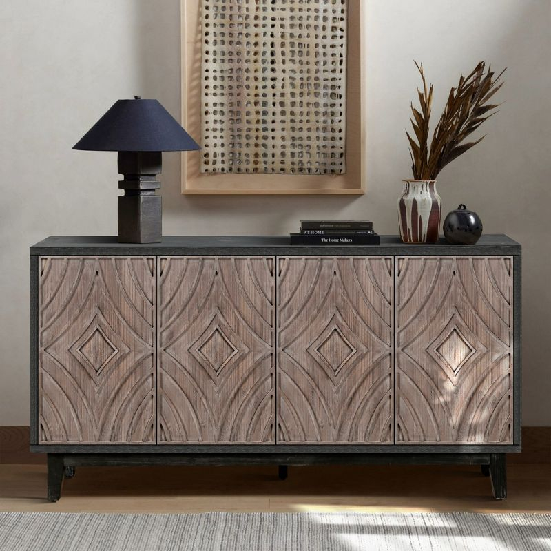 60" Mid Century Sideboard Buffet Kitchen Storage Cabinet, with 4 Convex pattern diamond Doors and 2 Shelves Accent, for Entrance, Hall, Antique Brown