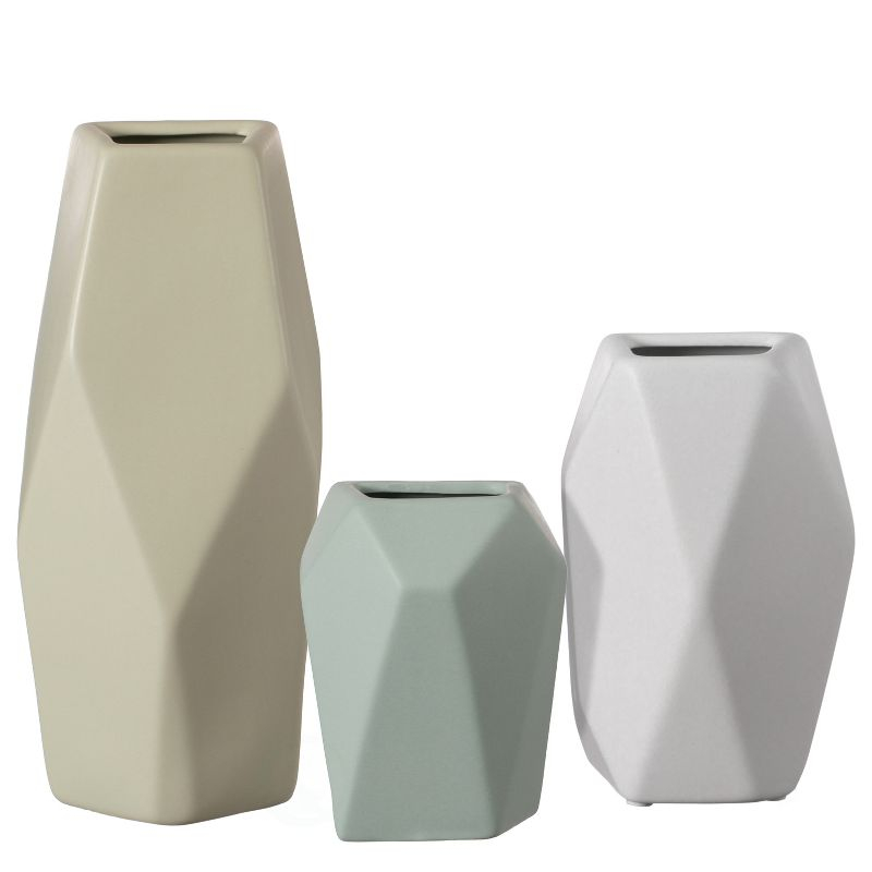 Uniquewise Decorative Ceramic Multi Paned Vase, Modern Style Centerpiece Table Vase Set of 3, Beige Large, White Medium, And Green Small