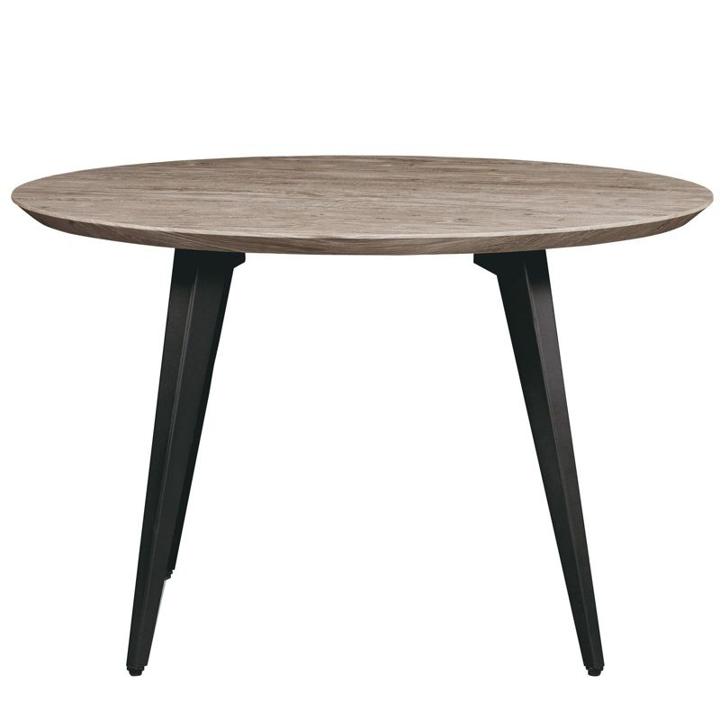 LeisureMod Ravenna Modern Round Wood 47" Dining Table with Metal Legs - Sleek Design, Perfect for Dining Rooms, Weathered Oak