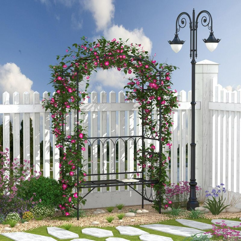 Outsunny Metal Trellis Arbor Arch for Climbing Plants with Garden Bench, Grow Grapes & Vines, Decorative Seating, 484 lbs. Weight Capacity, Black