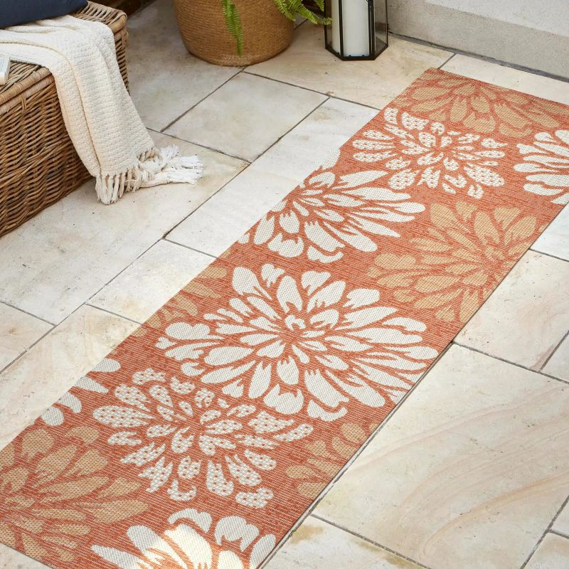 2' x 10' Zinnia Modern Floral Textured Weave Indoor/Outdoor Runner Rug, Orange/Cream - JONATHAN Y