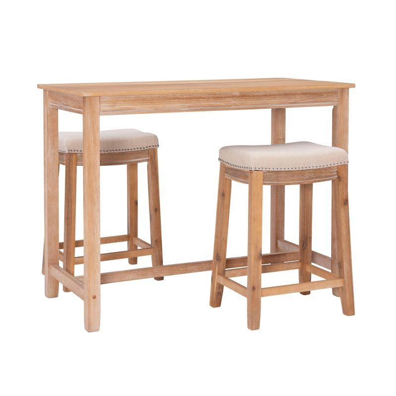 3pc Claridge Backless Stools Counter Height Dining Set Natural - Linon: Rustic Acacia Wood, Linen Upholstery