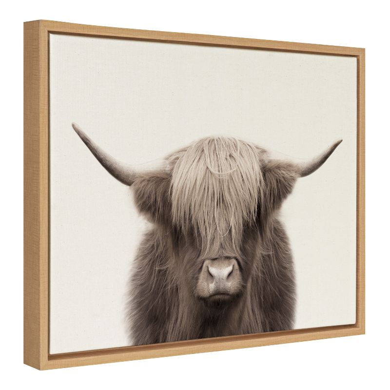 Kate and Laurel Sylvie Hey Dude Highland Cow Color Framed Canvas by The Creative Bunch Studio, 18x24, Natural