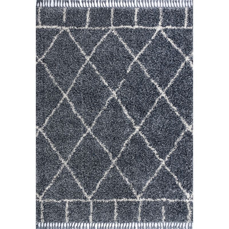 4'x6' Mercer Shag Plush Tassel Moroccan Geometric Trellis Area Rug, Denim/Cream - JONATHAN Y