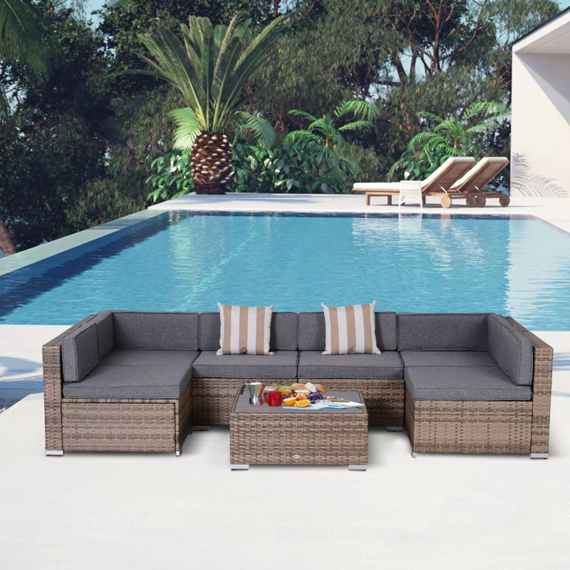 Outsunny 7-Piece Patio Furniture Set, Outdoor Wicker Conversation Set, All Weather PE Rattan Sectional Sofa w/ Faux Wood Table, Stripe Pillows, Gray