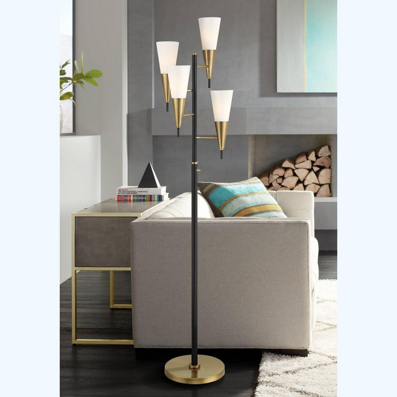 Possini Euro Design Quatro Mid Century Modern Tree Floor Lamp 71" Tall Black Gold Metal 4 Light Frosted Glass Cone Shade for Living Room Bedroom House