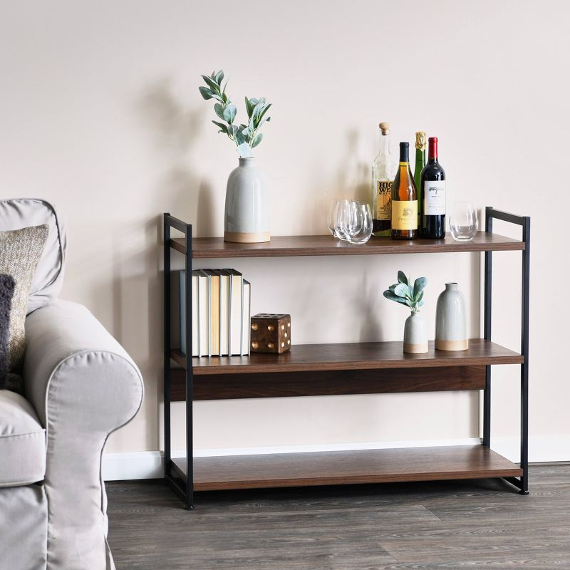 Household Essentials 32.5" Jamestown Wide 3 Shelf Bookshelf Walnut: Faux Wood, Iron Frame, Low Profile