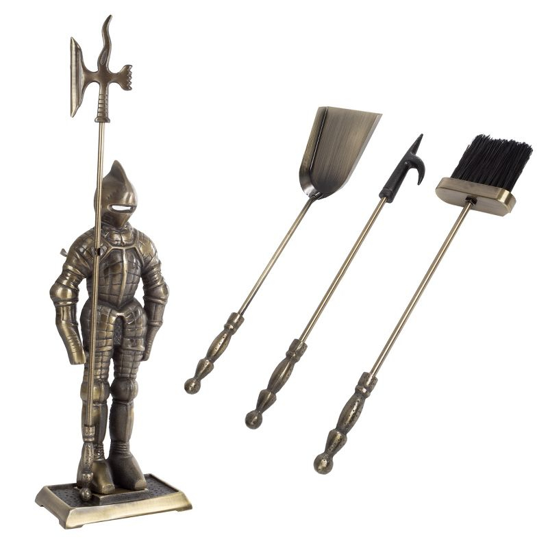 3-Piece Fireplace Tool Set- Medieval Knight Cast Iron Statue Holds Heavy Duty Essential Tools - Includes Shovel, Broom & Poker by Lavish Home