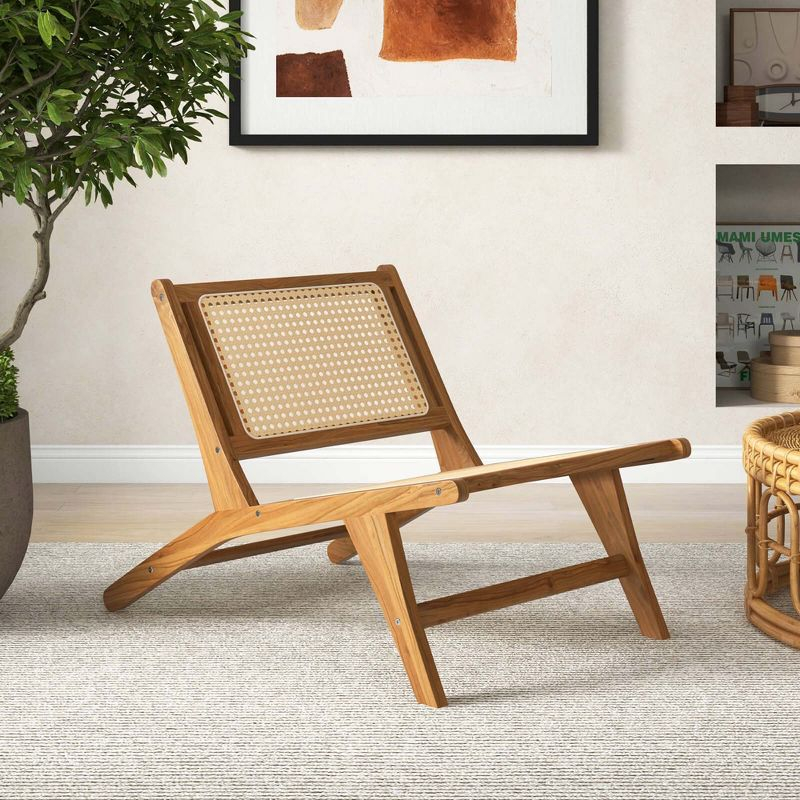 Costway 1 PCS Mid Century Modern Teak Wooden Chair with Handwoven Rattan Seat & Backrest