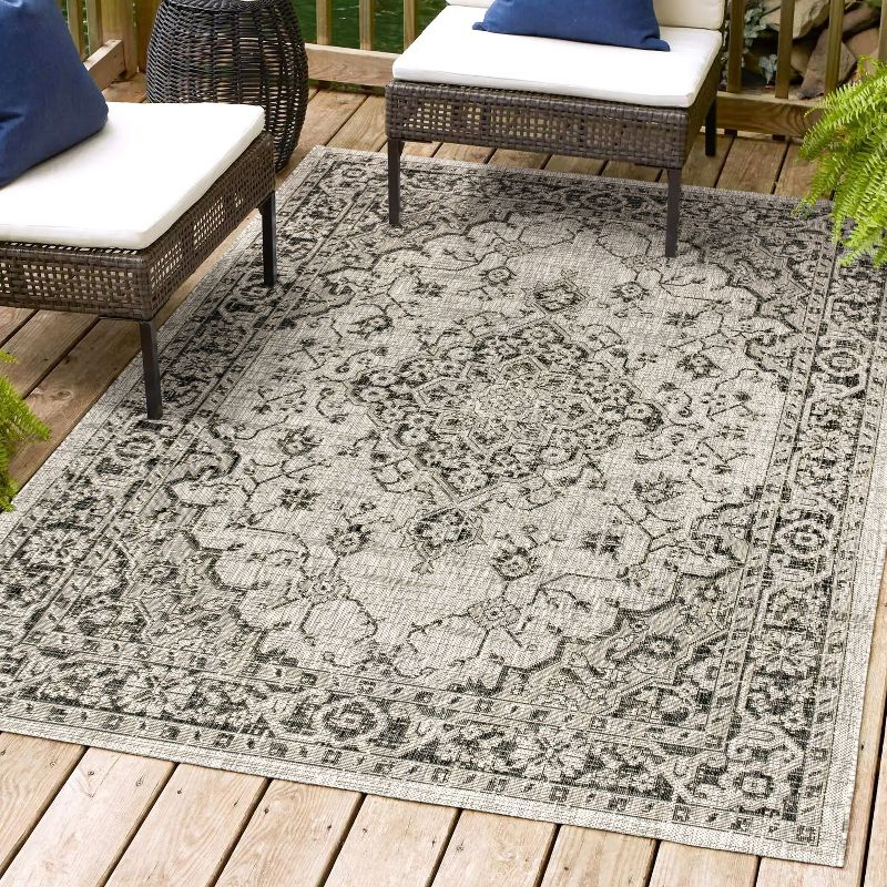 4'x6' Rozetta Boho Medallion Textured Weave Indoor/Outdoor Area Rug, Gray/Black - JONATHAN Y