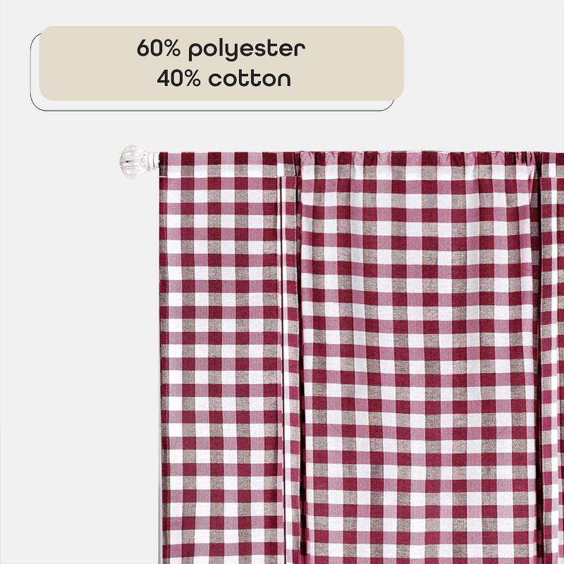 Buffalo Check Plaid Gingham Tie-Up Window Single Curtain, 42" x 63", Burgundy