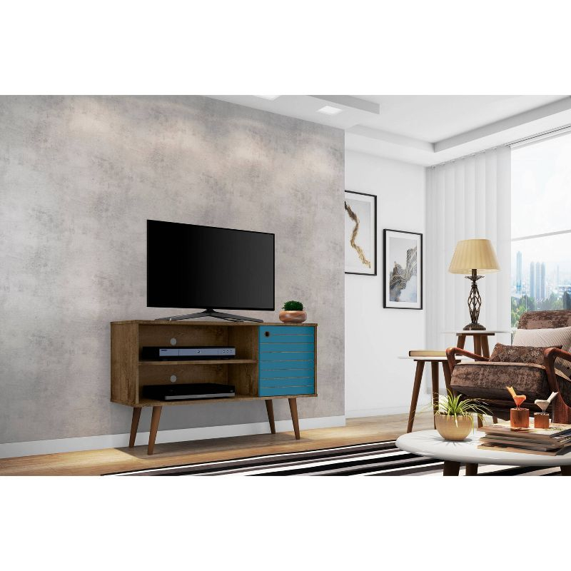 Liberty Mid-Century Modern 2 Shelves and 1 Door TV Stand for TVs up to 46" Rustic Brown/Aqua Blue - Manhattan Comfort