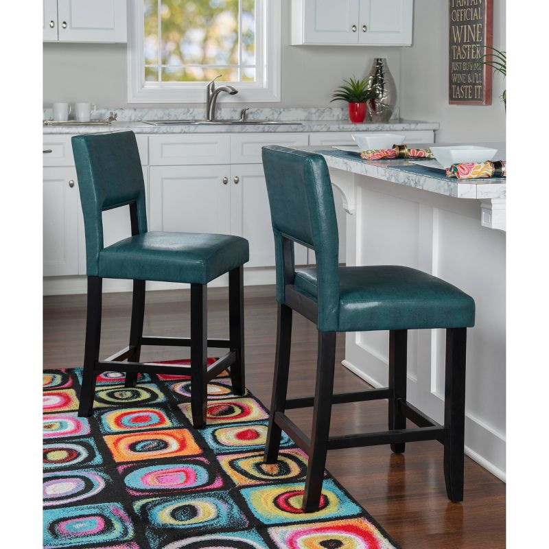 Linon 24" Vega Padded Back and Seat Faux Leather Counter Height Barstool Hardwood Blue: Upholstered, Stained Finish, Foam Fill