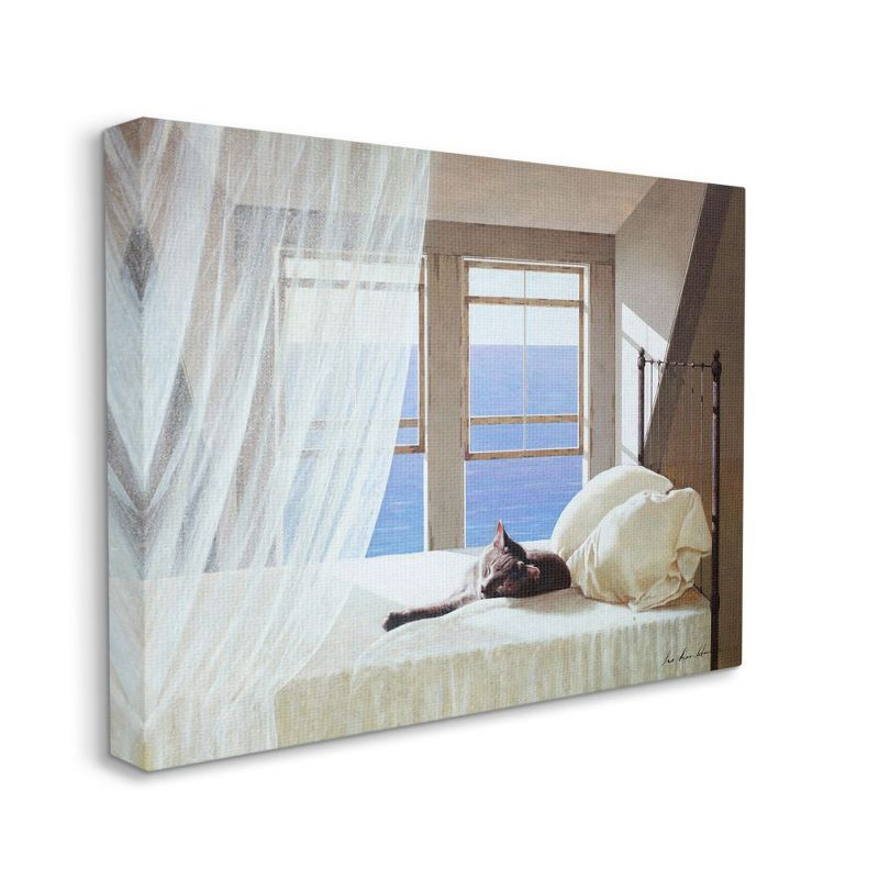 Stupell Industries Cat Resting on White Oceanside Bed Nautical Painting Gallery Wrapped Canvas Wall Art, 24 x 30