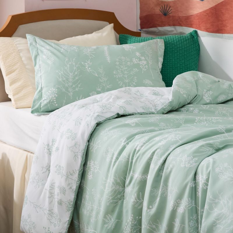 2 Pcs Floral Printed Reversible Sage Green Comforter Set Twin/Twin XL Size Soft Designed Plants Pattern Bedding Set - Bedsure
