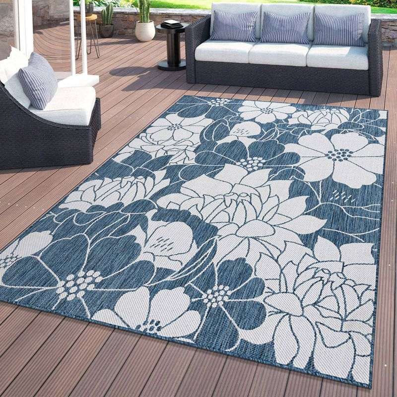 World Rug Gallery Modern Floral Flowers Textured Flat Weave Indoor/Outdoor Area Rug - NAVY 5' X 7'