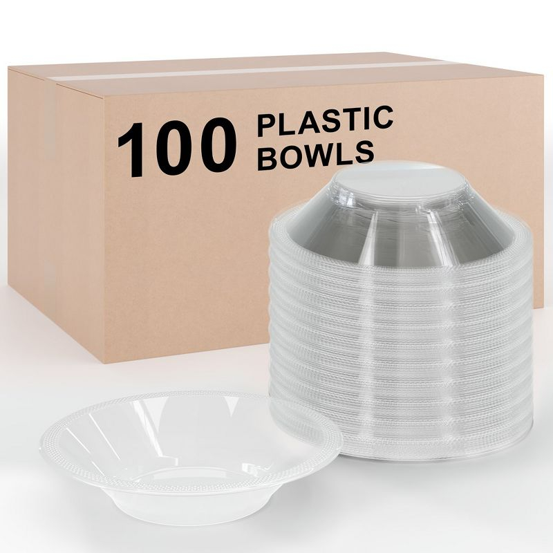 Crown Display 12 Oz. Clear Plastic Bowls Disposable Party Bowls -100 Count Disposable Plastic Soup Bowls