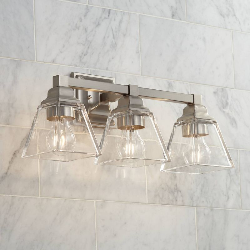 Regency Hill Mencino Modern Wall Light Satin Nickel Hardwire 20" 3-Light Fixture Clear Glass for Bedroom Bathroom Vanity Reading Living Room Hallway