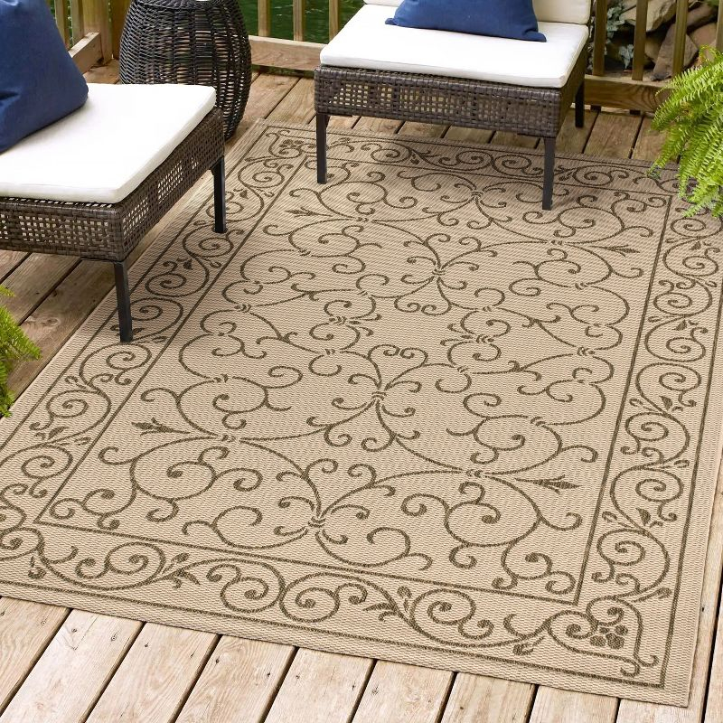 8'x10' Charleston Vintage Filigree Textured Weave Indoor/Outdoor Area Rug, Beige/Brown - JONATHAN Y