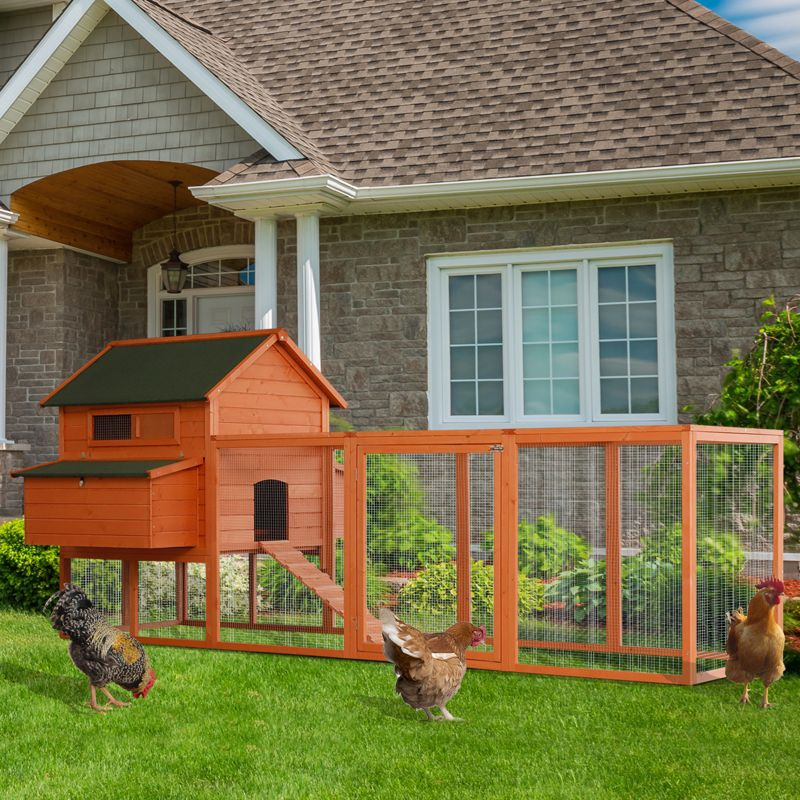 PawHut 137" Chicken Coop Wooden Large Chicken House Deluxe Rabbit Hutch Lockable Poultry Hen Cage Backyard with Nesting Box and Run, Orange