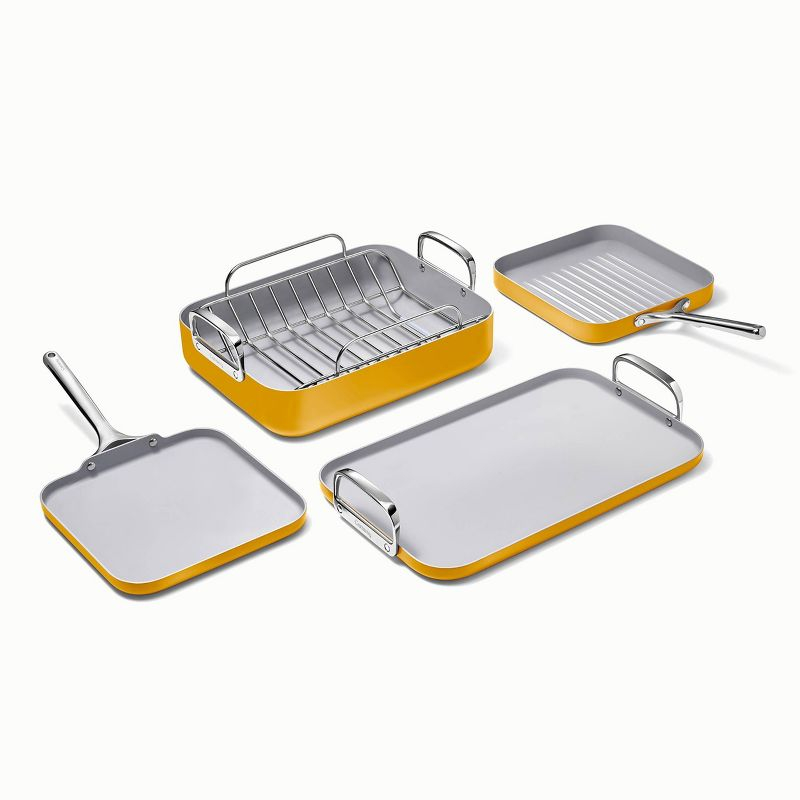 Caraway Home 7pc Square Cookware Set Marigold: Nonstick Ceramic, Silicone Polyester, Electric & Gas Compatible