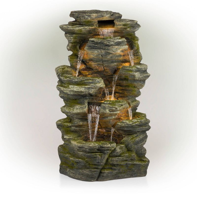 51" Resin Rock Cascading Fountain with LED Lights Gray - Alpine Corporation: Waterfall Feature, Birdbath