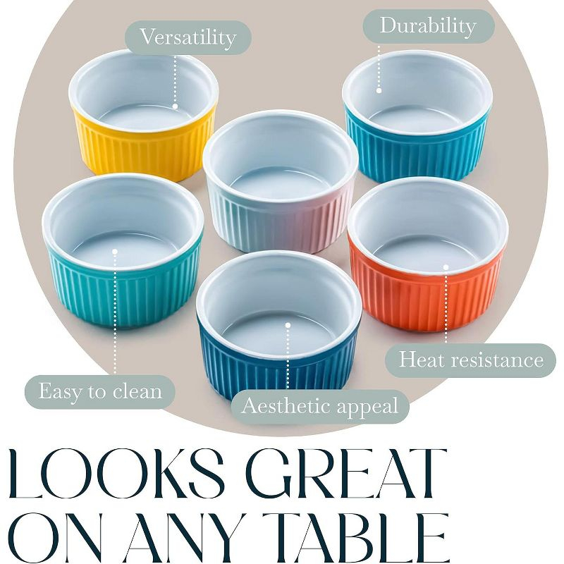 Bellemain 4oz Porcelain Mini Bowls – Set of 6 Multi-Color Ramekins for Baking, Custard, Dips & More – Oven Safe to 500°F