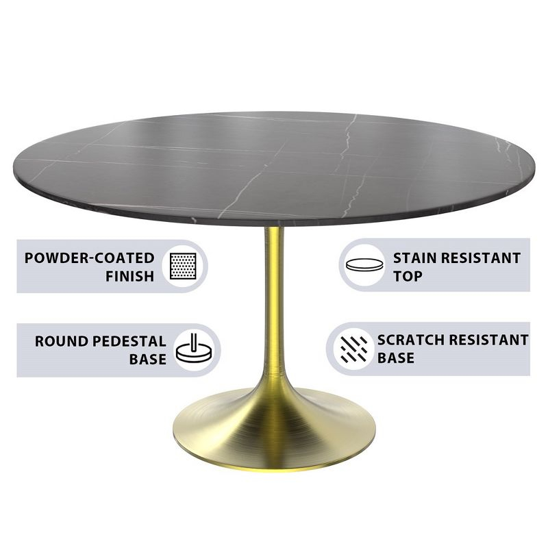LeisureMod Verve 48" Round Dining Table, Modern Stone Top Dining Table with Brushed Gold Stainless Steel Pedestal Table Base in Black