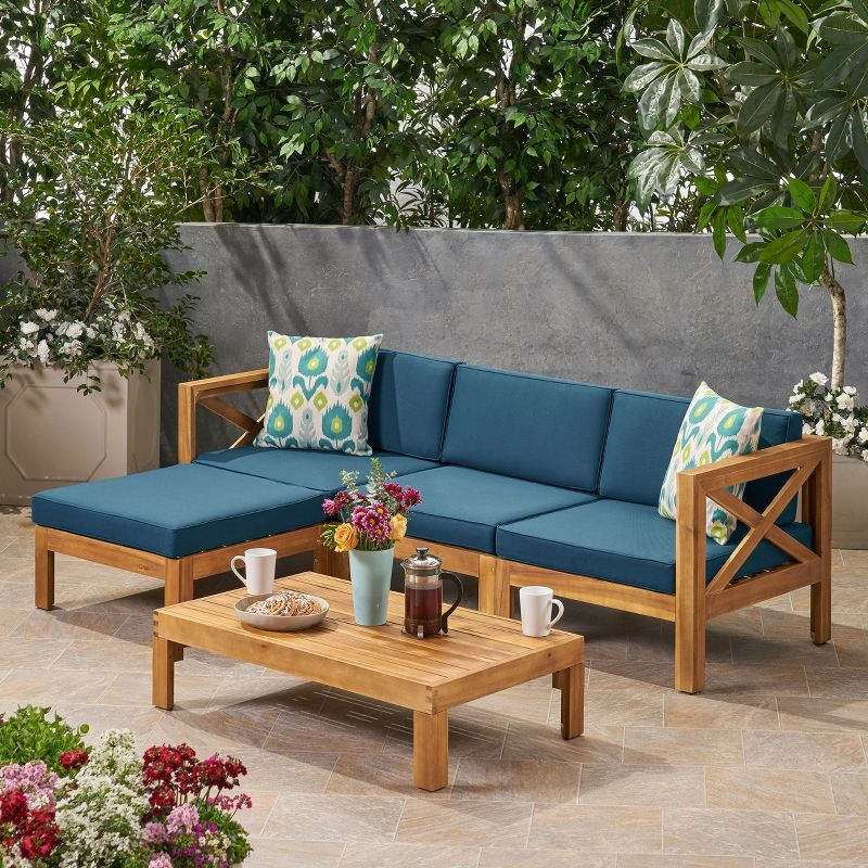 Alcove 5pc Acacia Wood Sofa Set Teak/Dark Teal - Christopher Knight Home: Weather-Resistant Outdoor Seating