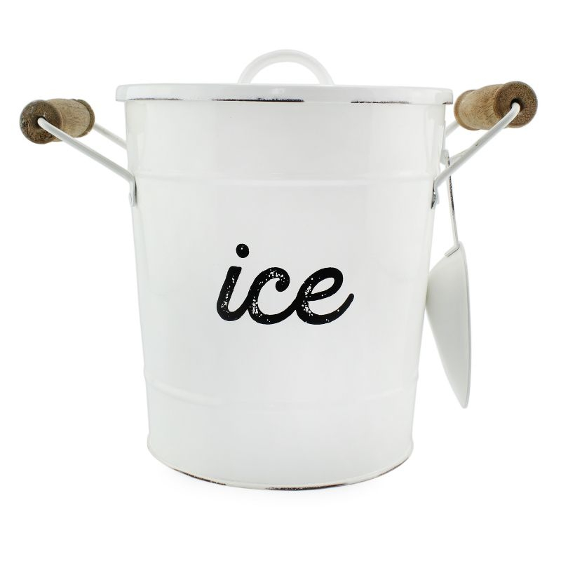 AuldHome Design White Farmhouse Enamelware Ice Bucket; Rustic Style Insulated Ice Server
