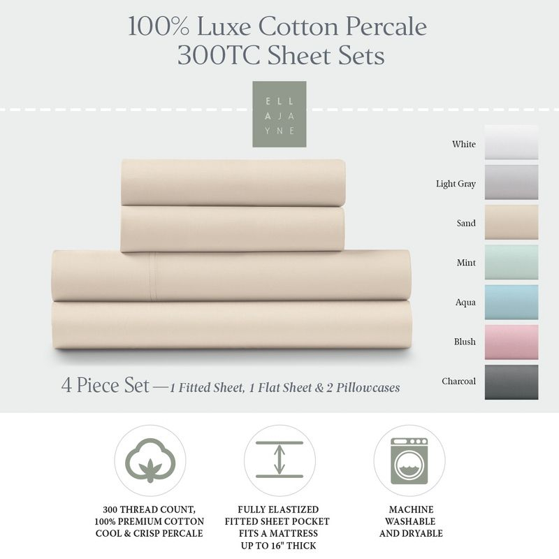 Luxe Cotton Percale Crisp and Cool Sheet Set, Queen, Sand