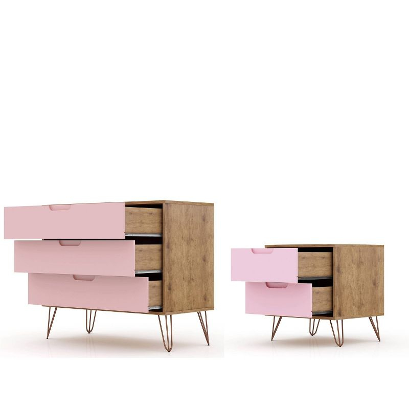 Rockefeller Dresser and Nightstand Set Pink - Manhattan Comfort: MDF Composite, 5-Drawer Storage