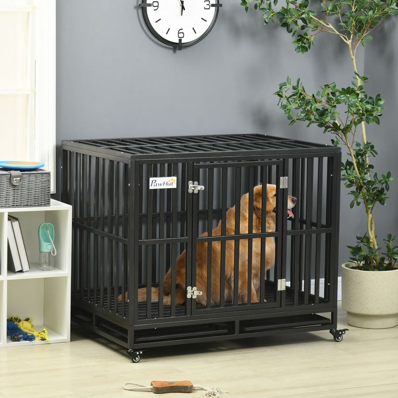 PawHut 41" Heavy Duty Dog Crate Metal Kennel and Cage Dog Playpen with Lockable Wheels, Slide-out Tray and Anti-Pinching Floor