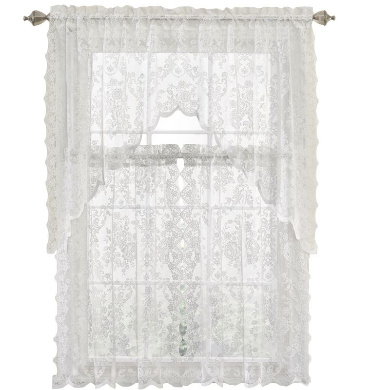 Kate Aurora Shabby Living Lena Floral Lace Complete Kitchen Curtain Tier & Swag Set - 58 in. W x 36 in. L, White