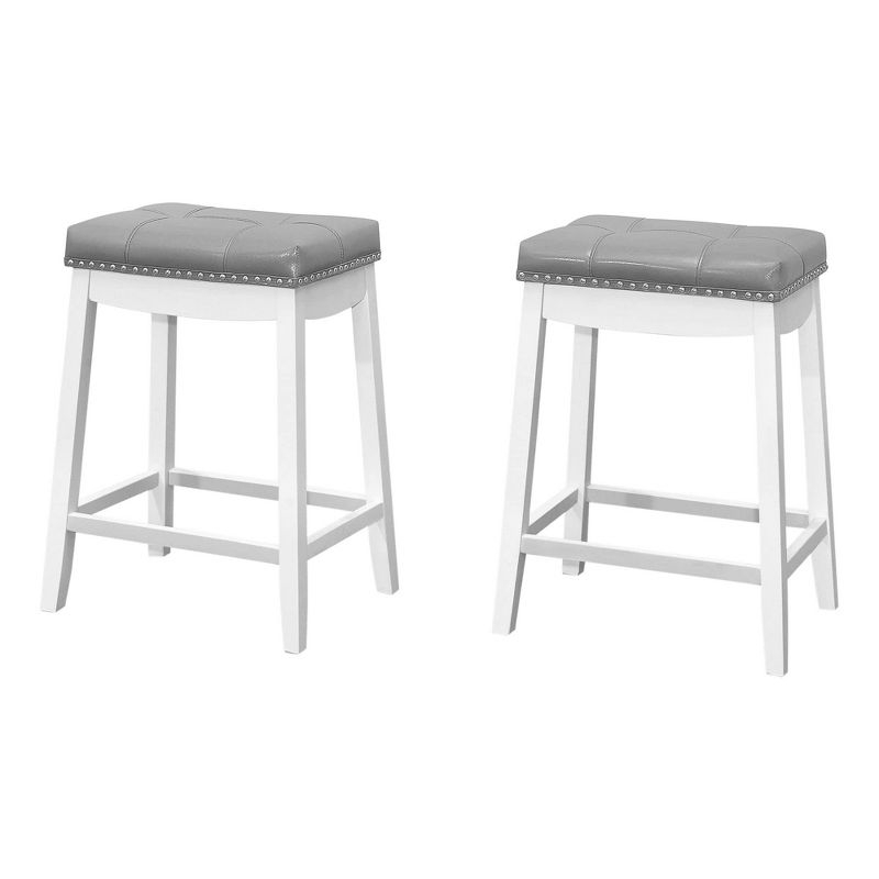 Monarch Specialties Bar Stool Set Of 2 Counter Height Saddle Seat Kitchen Wood Pu Leather Look White Grey Transitional